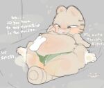 :3 bed belly belly_rub big_belly big_butt blush bodily_fluids boxer_briefs boxer_briefs_only boxers_(clothing) bubble butt cat_bed clothed clothing dialogue dirty dirty_clothing dirty_socks disembodied_hand domestic_cat emoticon felid feline felis footwear furniture garfield_(series) green_boxer_briefs green_clothing green_underwear grey_background hand_on_cheek heart_symbol hi_res iigomeow lying male mammal markings musk musk_cloud musky_butt navel nermal_(garfield) nipples on_back on_bed on_tail overweight pet_bed pubic_stubble semi-anthro shortstack shortstack_male simple_background smelly smile smug_face snot snot_bubble socks solo striped_markings striped_tail stripes sweat tail tail_markings topless underwear underwear_only