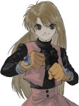  1girl black_shirt brown_hair chelsea_rorec clenched_hand gloves highres long_hair looking_at_viewer orange_gloves pink_skirt pink_vest shirt simple_background skirt smile solo tokyo_underground v-shaped_eyebrows vest white_background z1vfcd2 