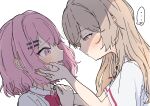 ... 2girls absurdres amaori_renako barurun_pen blush bow bowtie brown_eyes brown_hair commentary couple eye_contact from_side hair_ornament hairclip hand_on_another's_cheek hand_on_another's_face heart highres long_hair looking_at_another multiple_girls open_mouth parallel_hairclips pink_eyes pink_hair profile raised_inner_eyebrows red_bow red_bowtie school_uniform sena_ajisai shirt short_hair short_sleeves simple_background spoken_ellipsis spoken_heart straight_hair sweat upper_body watashi_ga_koibito_ni_nareru_wake_naijan_murimuri! white_background white_shirt yuri 