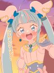  1girl absurdres ahoge blue_cape blue_eyes blue_hair blush bow brooch cape cloud cloudy_sky commentary_request cure_sky cut_bangs detached_sleeves dress earrings hair_ornament highres hirogaru_sky!_precure jewelry long_hair looking_at_viewer magical_girl multicolored_hair open_mouth outdoors pink_bow pink_hair precure puffy_detached_sleeves puffy_sleeves shinonome_sakura single_earring single_sidelock sky sleeveless smile solo sora_harewataru streaked_hair sunset twilight twintails two-sided_cape two-sided_fabric wing_brooch wing_hair_ornament 