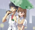  1girl blush brown_eyes brown_hair kamijou_touma kotaken misaka_mikoto rain school_uniform shared_umbrella to_aru_kagaku_no_railgun to_aru_majutsu_no_index umbrella uniform 