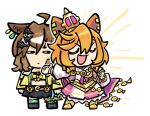  2girls ahoge animal_ears armor bandeau boots breasts brown_hair cape chibi chibi_only closed_eyes closed_mouth crown fingerless_gloves gloves gold_boots gold_corset green_socks hair_between_eyes hair_ornament hairclip highres horse_ears horse_girl horse_tail jacket jewelry jungle_pocket_(champion's_battle_cry)_(umamusume) jungle_pocket_(umamusume) long_sleeves medium_hair midriff mini_crown multiple_girls open_clothes open_mouth orange_hair pikminpreggedup pink_cape pink_crown shirt short_hair shoulder_armor skirt smile socks t.m._opera_o_(o_sole_suo!)_(umamusume) t.m._opera_o_(umamusume) tail two-tone_skirt umamusume white_shirt yellow_bandeau yellow_eyes yellow_jacket 