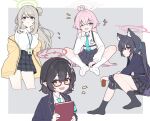  +++ 4girls ahoge animal_ears arms_behind_back ayane_(blue_archive) bike_shorts black_hair black_skirt black_socks blazer blonde_hair blue_archive blue_eyes blue_jacket blue_necktie blue_ribbon book border breasts butterfly_sitting cardigan cat_ears cat_girl chest_harness commentary_request cropped_legs dress_shirt elf full_body glasses green_eyes green_halo grey_background hair_bun hair_ornament hair_ribbon halo harness holding holding_book hoshino_(blue_archive) id_card invisible_chair jacket knee_pads lanyard large_breasts long_hair long_sleeves looking_at_viewer millet_pepper multiple_girls necktie no_shoes nonomi_(blue_archive) notice_lines one_eye_closed open_mouth outside_border pink_hair pink_halo pointy_ears red-framed_eyewear red_eyes red_halo ribbon serika_(blue_archive) shirt short_hair single_knee_pad single_side_bun sitting skirt socks twintails upper_body white_border white_shirt white_socks yellow_cardigan yellow_eyes 