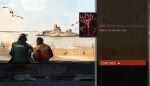  2boys black_hair blazer bomber_jacket commentary d0vvee disco_elysium english_text facing_away from_behind graffiti green_jacket harry_du_bois horizon island jacket kim_kitsuragi multiple_boys orange_jacket outdoors reeds round_eyewear shivers_(disco_elysium) sitting water wide_shot 