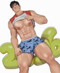  1boy 2026 abs balloon bandaid bandaid_on_cheek bandaid_on_face bara bare_pectorals biceps black_eyes black_hair blue_male_underwear blush boxer_briefs broad_shoulders bulge clothes_lift covered_penis cowboy_shot groin highres horse_print large_bulge lifting_own_clothes light_smile male_focus male_underwear muscular muscular_arms muscular_male naoki_(xhju8282) navel nipples number_balloon original pectorals raised_eyebrow shiny_skin shirt_lift simple_background solo thick_eyebrows thick_thighs thighs underwear white_background 