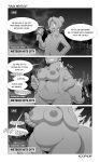 absurd_res anthro areola belly big_belly big_breasts biped breast_expansion breasts clothed clothing comic dialogue electronics english_text expansion female genitals godzilla_(series) growth hi_res holding_microphone holding_object huge_breasts human human_to_anthro kaiju koopacap mammal microphone monochrome news news_reporter nipples overweight overweight_anthro overweight_female reporter scalie species_transformation speech_bubble tail tail_growth text thick_thighs toho transformation vulva weight_gain wide_hips
