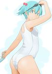  bad_id bad_pixiv_id flat_chest goggles goggles_on_head green_eyes green_hair hair_bobbles hair_ornament highres kawashiro_nitori looking_back one-piece_swimsuit school_swimsuit short_hair smile solo swimsuit touhou twintails water_gun white_school_swimsuit white_swimsuit yurayurari 