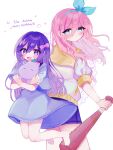  +_+ 2girls aubrey_(faraway)_(omori) aubrey_(headspace)_(omori) aubrey_(omori) barefoot baseball_bat blue_eyes blue_hairband blue_shirt blue_skirt blush bow character_name closed_mouth commentary dated denim denim_skirt dual_persona english_commentary english_text hair_bow hairband happy_birthday highres holding holding_baseball_bat holding_stuffed_toy jacket long_hair long_shirt looking_at_viewer multiple_girls nail_(hardware) nail_bat omori pink_bow pink_hair purple_eyes purple_hair shirt short-sleeved_jacket short_sleeves sidelocks simple_background skirt stuffed_eggplant stuffed_toy t-shirt white_background white_jacket yuyuyu_m5 