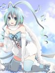  altaria antennae aqua_eyes aqua_hair bad_id bad_pixiv_id breasts cleavage cloud day gen_3_pokemon kneeling medium_breasts musical_note open_mouth personification pokemon sakura_(lilak_a) scarf short_hair sky smile solo thighhighs 