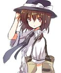  brown_hair expressionless hand_on_headwear hat miya_(tsumazukanai) necktie red_eyes short_hair short_sleeves solo staring touhou usami_renko 