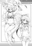  armpits bikini greyscale hakurei_reimu kirisame_marisa legs malino_(dream_maker) monochrome multiple_girls one_eye_closed sketch smile swimsuit touhou 