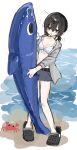  1girl bags_under_eyes beach bikini bikini_top_only black_eyes black_hair breasts crab crocs faux_figurine full_body grey_hoodie grey_shorts half-closed_eyes highres holding holding_toy hood hood_down hoodie inflatable_dolphin inflatable_toy long_sleeves looking_at_viewer low_twintails medium_breasts open_clothes open_hoodie open_mouth original outdoors pigeon-toed protected_link short_shorts short_twintails shorts solo sparkle sparkling_eyes standing surishi75yaka swimsuit toy twintails white_bikini 