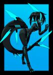 absurd_res aquatic black_body blue_background blue_eyes blue_fin blue_mouth female fish hi_res humanoid humanoid_pointy_ears leaning leaning_forward looking_at_viewer machine markings pointy_ears robot robot_humanoid shark shark_tail shark_teeth sharp_teeth simple_background solo teeth toipokun_oyashi