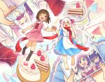  2girls :d ;d absurdres aged_down apron barefoot birthday_cake black_hoodie black_socks blue_dress borrowed_clothes brown_hair buttons cake cake_slice child closed_mouth collared_shirt commentary confetti dress english_commentary fingernails food fork full_body hair_between_eyes hair_ornament hairband hands_on_own_chest highres holding holding_photo holding_unworn_clothes holding_unworn_scarf hood hood_down hoodie kagerou_project kano_shuuya kido_tsubomi kozakura_marry long_hair long_sleeves looking_at_another looking_to_the_side maymorin medium_hair multiple_girls neck_ribbon no_shoes one_eye_closed open_mouth photo_(object) pink_dress pink_eyes pink_hairband pink_ribbon plate purple_shirt red_scarf ribbon scarf seto_kousuke shirt short_sleeves smile socks string string_of_fate string_of_flags tateyama_ayano unworn_scarf very_long_hair walking wavy_hair white_apron white_shirt x_hair_ornament 
