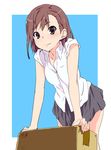  arm_support bad_id bad_pixiv_id box brown_eyes brown_hair cardboard_box hair_ornament hairclip leaning_forward misaka_mikoto school_uniform short_hair skirt sleeves_rolled_up smile solo sweat to_aru_kagaku_no_railgun to_aru_majutsu_no_index toru_k 