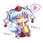  ^_^ animal_ears blush bottle chibi closed_eyes detached_sleeves hat inubashiri_momiji ryosios short_hair solo tail tokin_hat touhou wolf_ears wolf_tail 