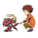  bad_id bad_pixiv_id brown_hair bug casual closed_eyes digimon digimon_adventure hajime_(hajime-ill-1st) handshake insect izumi_koushirou male_focus orange_shirt shirt squatting tentomon transparent_background 