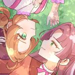  2girls akechi_anna closed_mouth commentary_request curtained_hair day eye_contact fuyukusa_1 green_eyes grin hand_on_another's_head highres jacket kobayashi_mikuru long_sleeves looking_at_another looking_to_the_side lying meitantei_precure! multiple_girls neck_ribbon on_ground orange_hair orange_jacket outdoors pink_ribbon precure profile purple_hair ribbon shirt short_hair smile tree_shade turning_head white_shirt yuri 