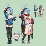  1girl ako_(blue_archive) alternate_costume bell blue_archive blue_eyes blue_hair blue_halo blush breasts commentary_request doraemon doraemon_(character) dress fusion gloves hair_between_eyes hairband halo keykey117117 large_breasts long_hair looking_at_viewer multiple_girls neck_bell official_alternate_costume open_mouth pixel_art sideboob simple_background solo 