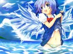  blue_eyes blue_hair cirno haruyonoto highres ice navel panties shirt_lift smile solo striped striped_panties touhou underwear water wet wet_clothes wings 