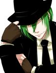  bad_id bad_pixiv_id blazblue fingerless_gloves formal gloves green_hair hat hazama highres lamiu male_focus necktie slit_pupils solo yellow_eyes 