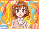  1girl :o asymmetrical_bangs birthday blush bob_cut border breasts brown_hair brown_sweater_vest close-up collared_shirt commentary curled_fingers drawn_bow drawn_crown drawn_flower drawn_heart drawn_sparkle dress_shirt flower gekota hair_flower hair_ornament hairclip hand_up highres looking_at_viewer medium_breasts misaka_mikoto open_mouth orange_background outside_border party_popper portrait pov purikura raised_eyebrows school_uniform shirt short_hair simple_background solo straight-on string_of_flags summer_uniform surprised suzumiya1633 sweater_vest toaru_kagaku_no_railgun toaru_majutsu_no_index tokiwadai_school_uniform white_border white_flower white_shirt wide-eyed 