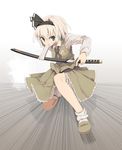  black_hairband blue_eyes hairband katana konpaku_youmu mieharu mouth_hold ribbon scabbard sheath short_hair silver_hair solo sword touhou unsheathing weapon 