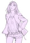  1girl absurdres belt blouse cigarette genshiken hand_on_own_hip highres jacket kasukabe_saki kio_shimoku lineart long_hair looking_at_viewer monochrome pants scowl shirt simple_background solo unlit_cigarette_in_mouth white_background 