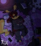 absurd_res alternative_fashion anthro bed bedroom belly bone bottomwear card cellphone clothing detailed_background ear_piercing electronics emo emo_haircut female footwear furniture generation_1_pokemon gengar handwear headphones heart_symbol hi_res jigglypuff legwear lying lying_on_bed night nintendo on_bed pants pencil_(object) phone piercing pikachu pillow plushie pokemon pokemon_(species) pokemon_card portable_music_player relaxing shirt shoes skull slightly_chubby slippers snorlax solo spark_(roonoodles) star thick_thighs thigh_highs topwear vinyl_record yamgler yellow_body