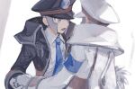  2boys armband black_coat black_hat blue_necktie brothers coat collared_coat collared_shirt commentary_request emmet_(pokemon) grey_eyes grey_hair hat holding_hands ingo_(pokemon) korean_commentary looking_at_another male_focus multiple_boys necktie open_clothes open_coat open_mouth peaked_cap pokemon pokemon_black_and_white seku_000 shirt siblings white_background white_coat white_hat white_shirt 