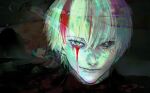  1boy absurdres black_background black_sclera black_shirt blood blood_from_eyes blood_on_face blue_eyes closed_mouth colored_sclera highres kaneki_ken kyezzzz looking_at_viewer male_focus mismatched_sclera multicolored_hair red_hair shirt smile solo streaked_hair tokyo_ghoul white_hair 