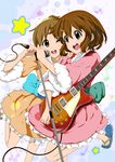  bad_id bad_pixiv_id brown_eyes brown_hair guitar highres hirasawa_ui hirasawa_yui instrument k-on! microphone multiple_girls nanai one_eye_closed sandals siblings sisters star 