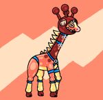  blue_collar blue_harness blush blush_lines collar fangs farigiraf feral generation_9_pokemon harness hooves horn infinity_symbol multicolored_body nintendo orange_body ossicone pink_nose pokemon pokemon_(species) quadruped red_body red_hooves rubbermon solo spikes spikes_(anatomy) squeakitties symbol teeth yellow_body 