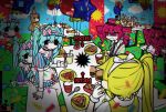  3girls akita_neru apron blonde_hair blue_dress blue_hair burger cafeteria chicken_nuggets commentary confetti dress drill_hair food hairband hatsune_miku highres hypnosis iewa indoors kasane_teto mesmerizer_(vocaloid) mind_control multiple_girls mylar_balloon open_mouth pink_eyes pink_hair pizza plate puffy_short_sleeves puffy_sleeves scared short_sleeves side_ponytail smile sparkle star_balloon surprised twin_drills twintails utau visor_cap vocaloid weirdcore white_apron white_hairband 