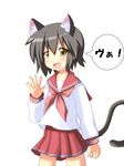  animal_ears black_hair brown_eyes cat_ears cat_tail highres kusakabe_misao lucky_star mai_(t-5) pink_neckwear ryouou_school_uniform school_uniform serafuku short_hair solo tail va waving 