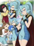  black_cape blue_bodysuit blue_gloves blue_hair bodysuit cape clair_(pokemon) commentary_request earrings erika_(pokemon) gem gloves highres jasmine_(pokemon) jewelry pearl_(gemstone) pokemon pokemon_(creature) pokemon_heartgold_and_soulsilver ponytail tooth_earrings unitard wjuosrbt8w59142 