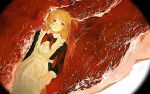  1girl aki_(akiiii_1015) apron beach black_dress blonde_hair brown_eyes collared_dress commentary_request dress dutch_angle expressionless feet_out_of_frame flesh_blood_&amp;_concrete food from_above highres long_sleeves looking_at_viewer lying meat neckerchief nika_(flesh_blood_&amp;_concrete) on_back parted_lips partially_submerged red_neckerchief red_ocean saturated solo symbolism two_side_up vignetting water waves white_apron white_sand 