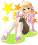  asymmetrical_clothes blonde_hair boots bra green_eyes hoshii_miki idolmaster idolmaster_(classic) idolmaster_2 jacket lingerie long_hair loose_socks mamedenkyuu_(berun) pantyhose pink_diamond_765 socks solo star underwear 