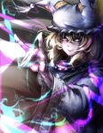  1girl blonde_hair blue_tabard breasts closed_mouth commentary_request dress frilled_hat frills hand_up hat kitsune kyuubi long_sleeves looking_at_viewer medium_breasts mob_cap multiple_tails ofuda ofuda_on_clothes rizadon_(soregashiorigin) short_hair smile solo tabard tail touhou upper_body white_dress white_hat wide_sleeves yakumo_ran yellow_eyes 