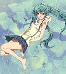  aqua_eyes aqua_hair bad_id bad_pixiv_id barefoot hands_in_pockets hatsune_miku long_hair skirt solo suspenders twintails vocaloid water yuki_(fuguneko) 