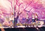  bad_id bad_pixiv_id blurry cherry_blossoms depth_of_field glasses grass highres ize legs long_hair multiple_girls necktie original pink ponytail real_world_location school_uniform skirt train_station tree 