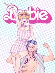  1boy 1girl 29o52413 abs barbie_(character) barbie_(character)_(cosplay) barbie_(franchise) barbie_(live_action) blonde_hair blue_eyes blue_hair breasts chest_tattoo collarbone collared_shirt commentary cosplay dress earrings eyewear_on_head genderswap genderswap_(mtf) hair_between_eyes hanagaki_takemichi highres holding huge_breasts jewelry ken_(barbie) ken_(barbie)_(cosplay) medium_hair multicolored_hair nail_polish neck_tattoo necklace open_mouth pectorals pink-framed_eyewear pink_dress pink_nails plaid_clothes plaid_dress poster_parody shell shell_earrings shell_necklace shiba_taiju shirt short_hair sitting_on_shoulder smile streaked_hair striped_clothes striped_shirt tattoo tokyo_revengers two-tone_hair v-shaped_eyebrows vertical-striped_clothes vertical-striped_shirt yellow_eyes 