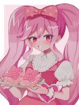  1girl baking_sheet blush bow commentary_request dark-skinned_female dark_skin double-parted_bangs dress hair_between_eyes hair_bow highres holding holding_tray long_hair omori open_mouth pink_bow pink_dress pink_eyes pink_hair polka_dot polka_dot_bow puffy_short_sleeves puffy_sleeves short_sleeves smile solo sweetheart_(omori) tray twintails upper_body yuyuyu_m5 