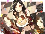  3girls 5tatsu aerith_gainsborough bare_shoulders birthday birthday_cake black_gloves black_hair black_skirt blurry blurry_background border brown_eyes brown_hair cake collarbone commentary_request confetti crop_top earrings elbow_gloves final_fantasy final_fantasy_vii final_fantasy_vii_rebirth final_fantasy_vii_remake fingerless_gloves food from_above gloves green_eyes grin hair_ribbon happy_birthday headband highres holding holding_party_popper holding_plate jacket jewelry long_hair looking_at_viewer midriff multiple_girls navel outside_border parted_lips party_popper pink_ribbon plate red_eyes red_jacket ribbon short_hair skirt smile suspender_skirt suspenders tank_top tifa_lockhart upper_body v watermark white_border white_tank_top yuffie_kisaragi 