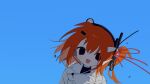  1girl a.i._voice adachi_rei blue_background cable cable_hair_ornament commentary hair_over_one_eye headset highres holding holding_paper jacket long_sleeves looking_at_viewer one_side_up open_mouth orange_hair paper protected_link revision sakakiai smile solo upper_body utau white_jacket 