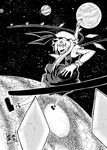  flandre_scarlet foreshortening greyscale hat highres karu_(ishiken) monochrome one_eye_closed sharp_teeth side_ponytail solo space teeth touhou wings 