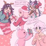  >_< 1boy 3girls @_@ alternate_costume antlers black_hair black_hat blue_eyes blue_hair blue_streaks blush blush_stickers box brown_hairband christmas christmas_present christmas_sweater closed_eyes closed_mouth collarbone commentary danganronpa_(series) danganronpa_2:_goodbye_despair drawstring english_commentary english_text fake_antlers fingerless_gloves fur-trimmed_shirt fur_trim gift gift_box gloves green_sweater guitar hair_between_eyes hair_horns hairband hand_on_own_chest hands_on_own_face hat heart holding holding_box holding_gift holding_guitar holding_instrument horns instrument komaeda_nagito long_hair long_sleeves mioda_ibuki monomi_(danganronpa) multicolored_gloves multicolored_hair multiple_girls nanami_chiaki open_mouth pants pink_hair pink_pants pink_shirt pink_streaks purple_eyes purple_hair red_hat red_shirt reindeer_antlers santa_costume santa_hat shirt short_hair shuugaru smile speech_bubble streaked_hair striped_clothes striped_gloves striped_pants sweater swimsuit tearing_up teeth third-party_source top_hat tsumiki_mikan two-tone_gloves upper_teeth_only white_hair 