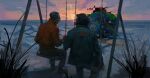  2boys black_hair blazer bomber_jacket canon_event d0vvee disco_elysium distortion facial_hair facing_another from_behind glitch gloves grass green_jacket hair_slicked_back harry_du_bois horizon ice jacket kim_kitsuragi multiple_boys mutton_chops orange_gloves orange_jacket outdoors painterly round_eyewear sitting sunset 