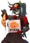  2026 anthro biped black_body black_clothing black_hat black_headwear black_topwear box changeling_(mlp) chrysalisdraws clothed clothed_anthro clothed_female clothing container female female_anthro fingerless_gloves food friendship_is_magic gloves green_eyes handwear hasbro hat headgear headwear hi_res looking_at_viewer my_little_pony pizza pizza_box queen_chrysalis_(mlp) red_clothing red_gloves red_handwear red_hat red_headwear red_topwear simple_background smile solo standing topwear white_background 