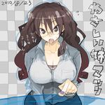  breasts brown_hair cleavage glasses huge_breasts long_hair matsuri_(teriyaki) nail_polish original purple_nails solo teriyaki 